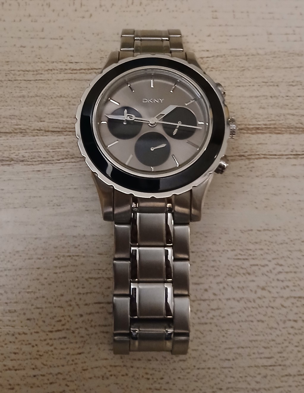 Dkny Vintage Silver Stainless Steel Watch With Black Accents